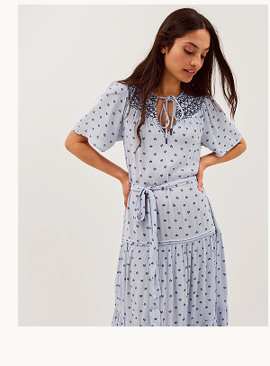 Mia Embroidered Print Midi Dress Blue