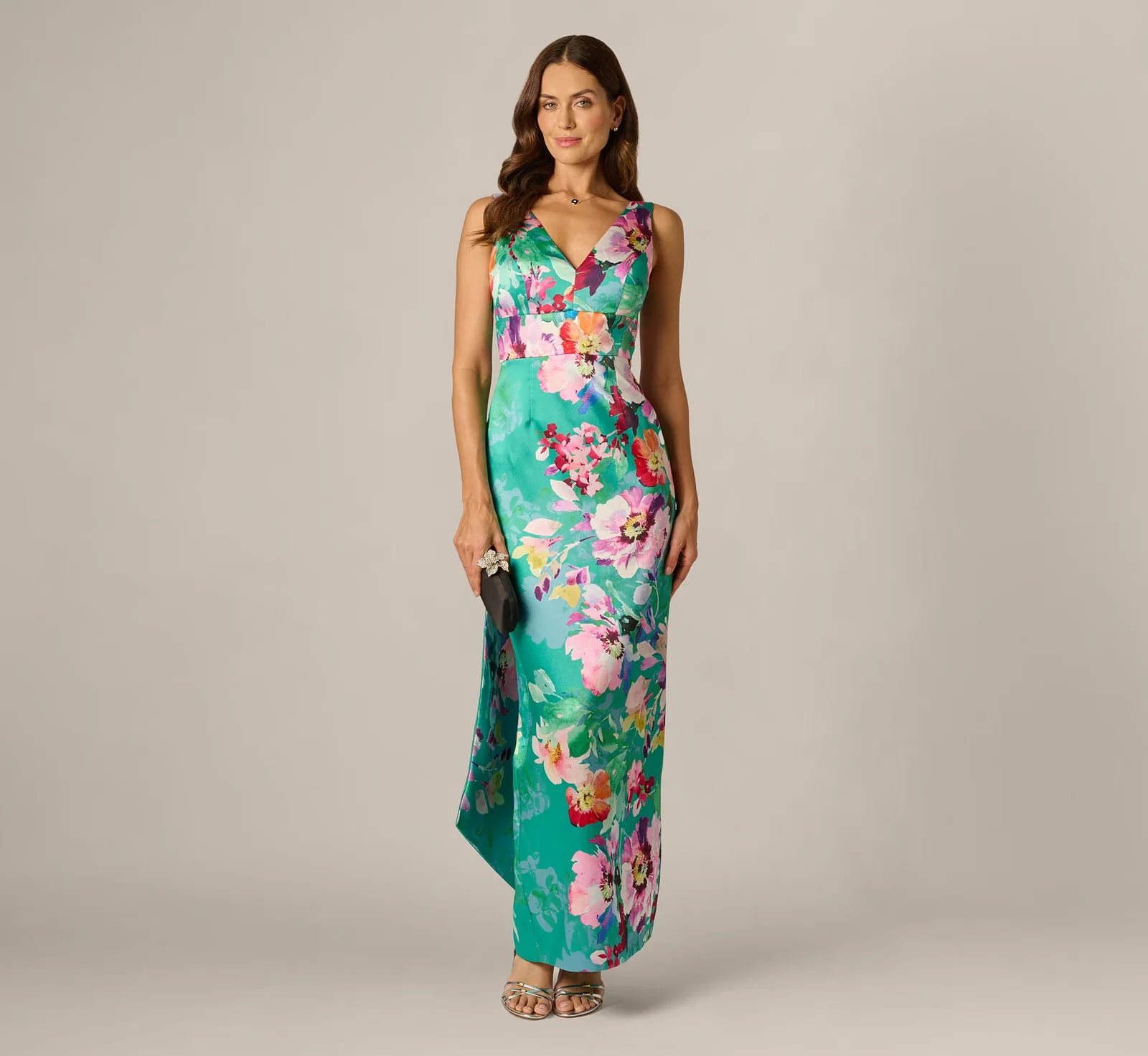 Image of Floral Mikado Scarf Train Column Gown In Green Multi