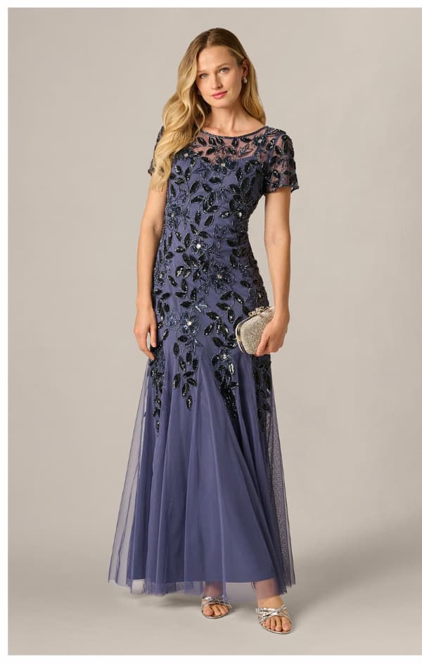 Hand Beaded Short Sleeve Floral Godet Gown In Smoky Peri