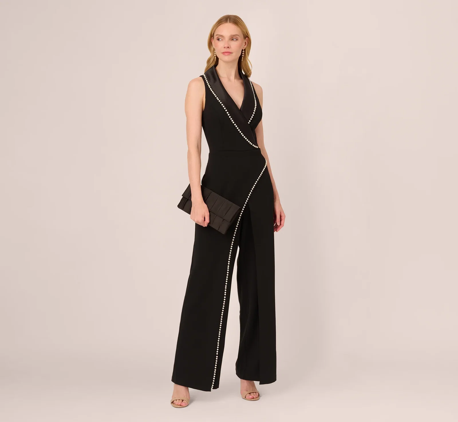 Image of Sleeveless Crepe Tuxedo Jumpsuit With Pearl Trim In Black
