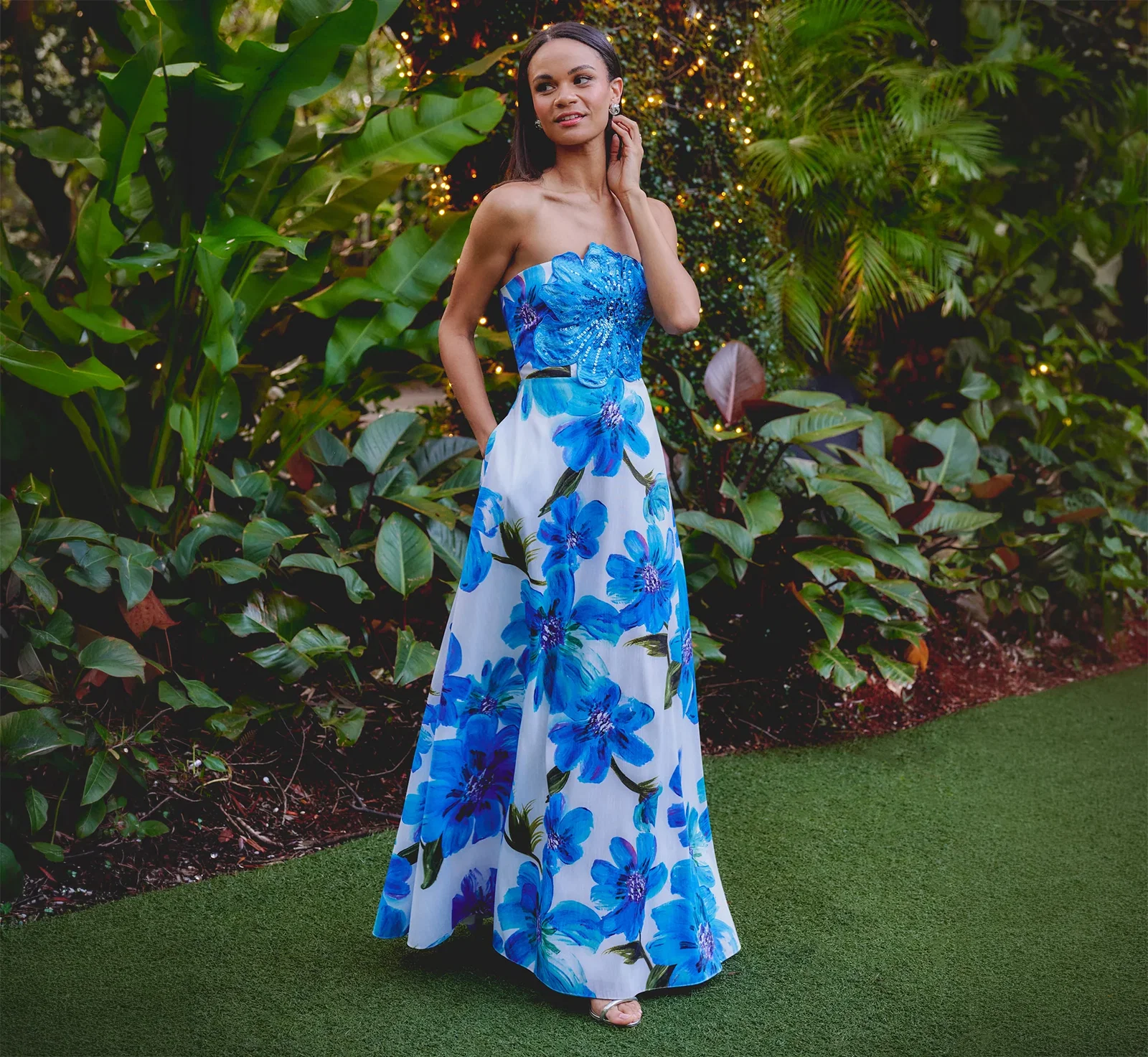 Image of Strapless 3D Floral Beaded Dupioni Gown In Ivory Blue Multi