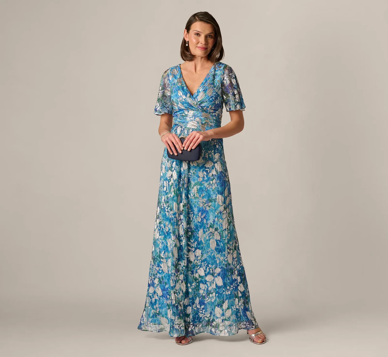 Image of Flutter Sleeve Crinkle Foil Floral Gown In Blue Multi