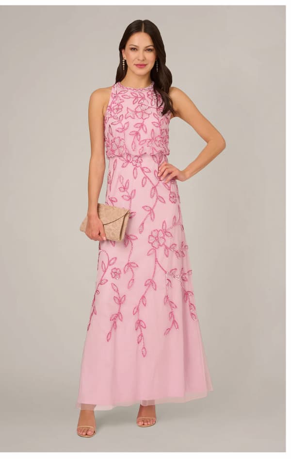 Sleeveless Blouson Mermaid Gown With Jasmine Beading In Pink Lace