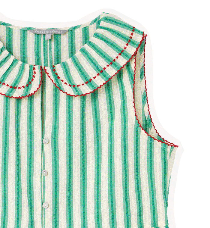Green & Cream Striped Seersucker Collar Sleeveless Blouse