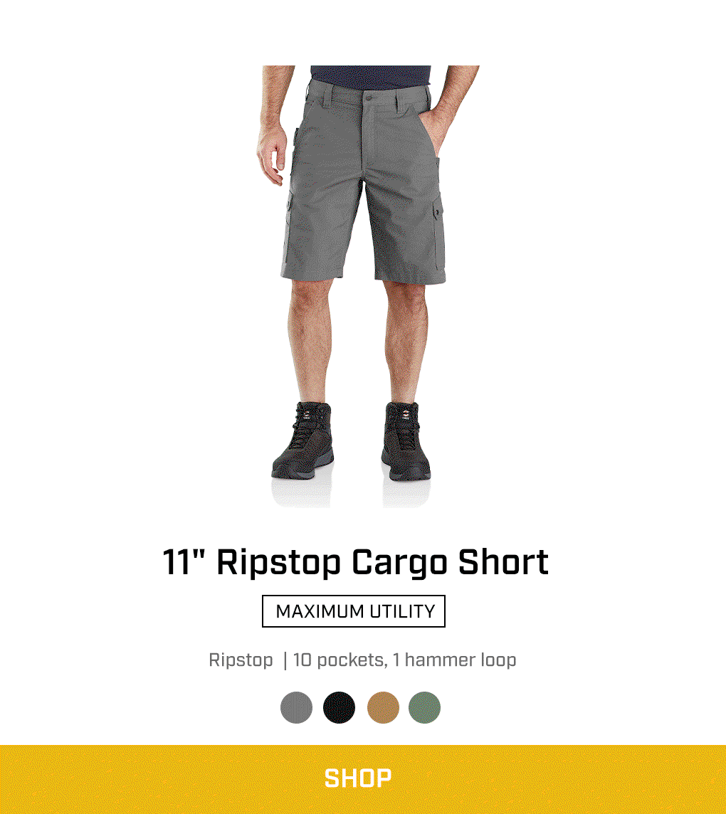 Steel color Carhartt 104727 cargo shorts on a white background.