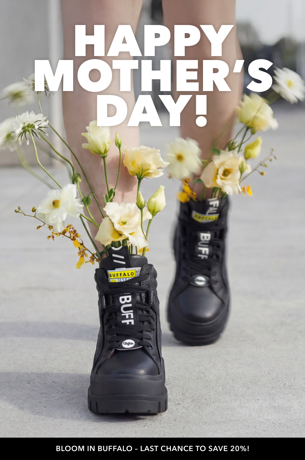 Black platform boots with white socks and flowers tucked in, with ‘Happy Mother’s Day!’ text overlay.