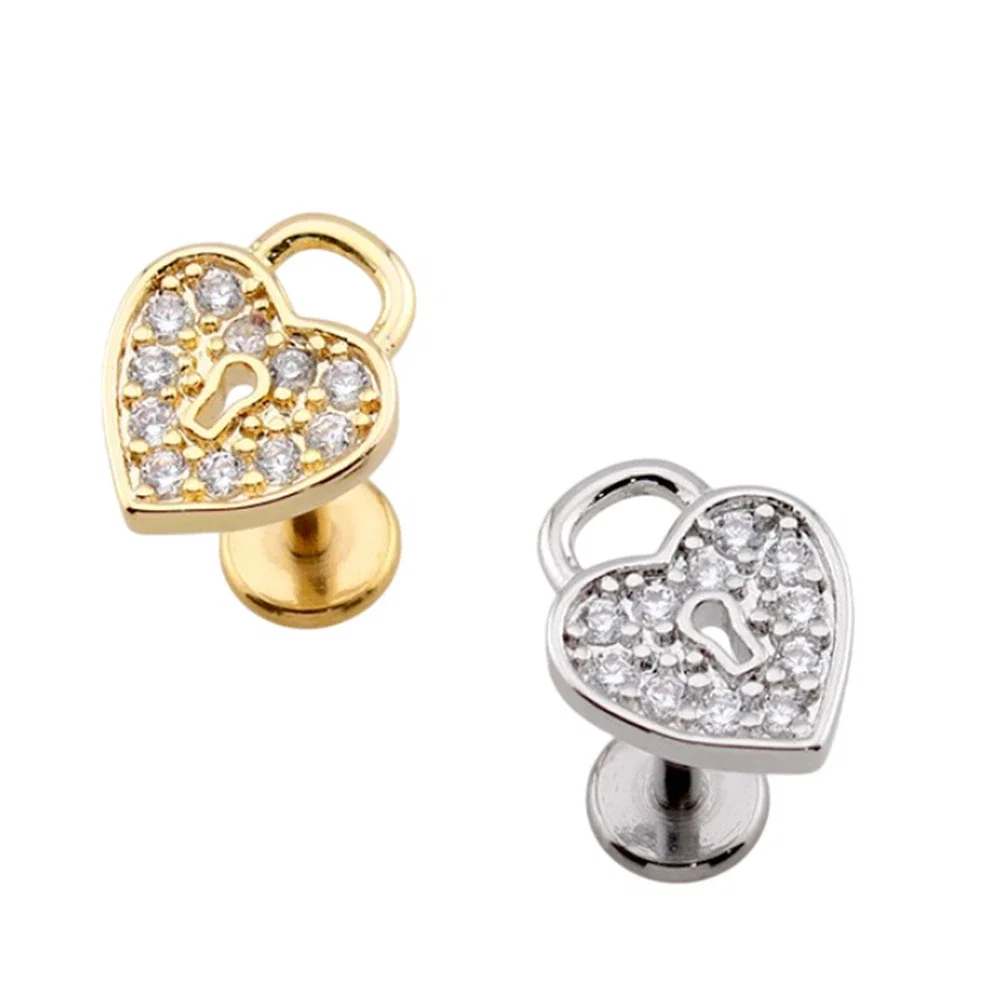  Push In CZ Heart Lock Labret Studs Piercings 18G 