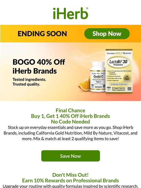 ⭐ Buy 1, Get 1 40% Off iHerb Brands is Ending Soon!