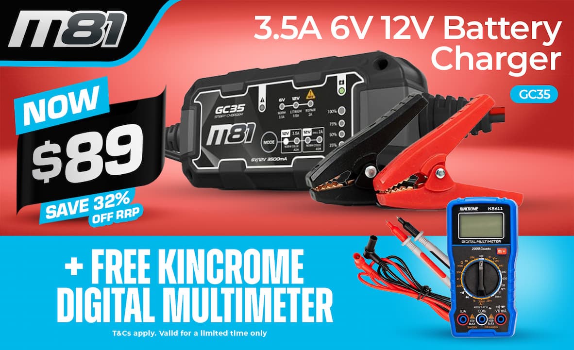 M81 3.5A BATTERY CHARGER NOW $89 WITH FREE KINCROME DIGITAL MULTIMETER