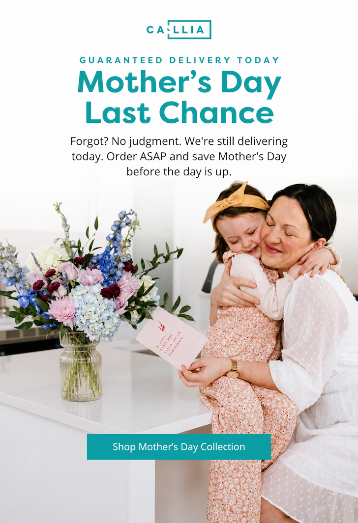 Mom and daughter hugging with a Callia's Mother's Day bouquet on the counter