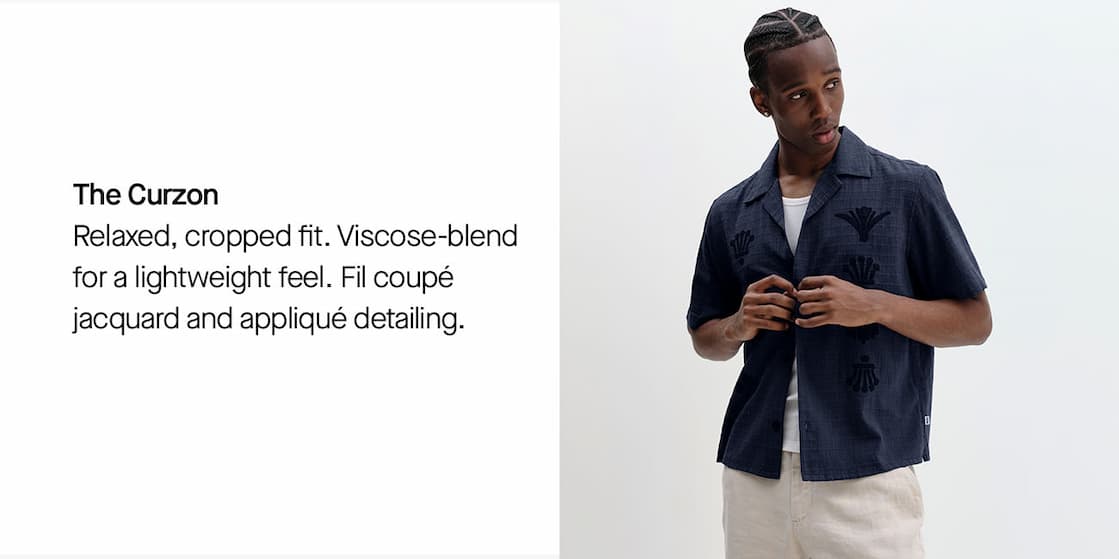 Curzon - Navy Grid Applique Short-Sleeve Shirt