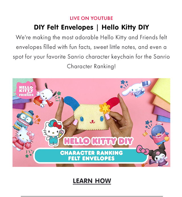 LIVE ON YOUTUBE | DIY Felt Envelopes | Hello Kitty DIY | We're making the most adorable Hello Kitty and Friends felt envelopes filled with fun facts, sweet little notes, and even a spot for your favorite Sanrio character keychain for the Sanrio Character Ranking! | LEARN HOW