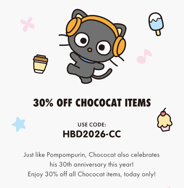GIF Chococat Character Artwork | 30% Off Chococat Items | USE CODE: HBD2026-CC | Just like Pompompurin, Chococat also celebrates his 30th anniversary this year! Enjoy 30% off all Chococat items, today only!