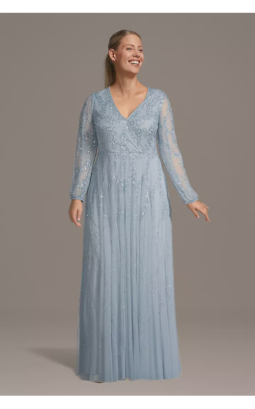 Long Sleeve Beaded V-Neck A-Line Dress