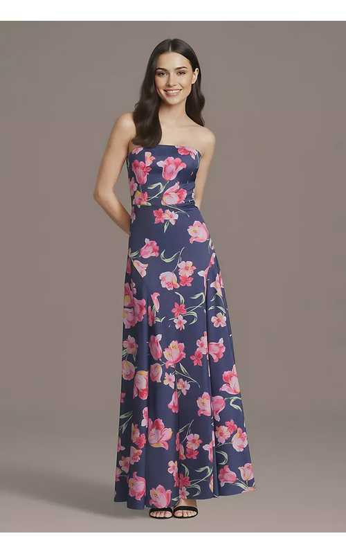 Floral Charmeuse Strapless A-Line Dress