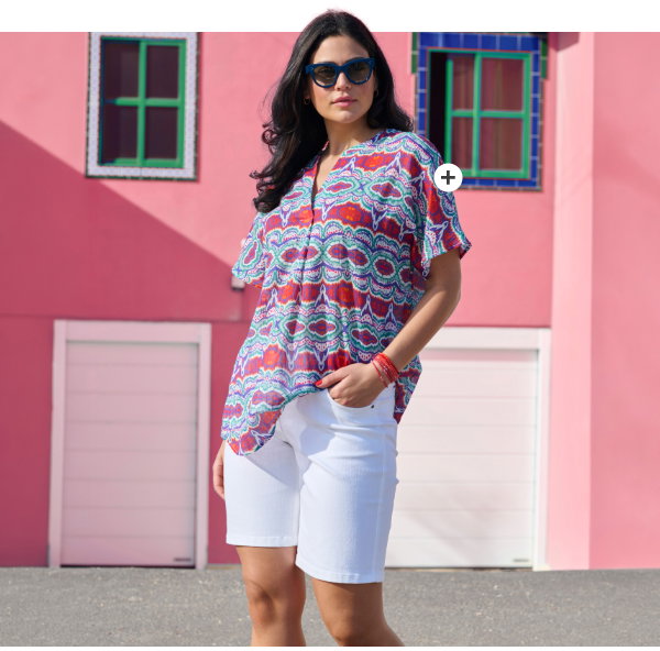 Blusa, estampada, pliegue decorativo, cuello alzado, media manga