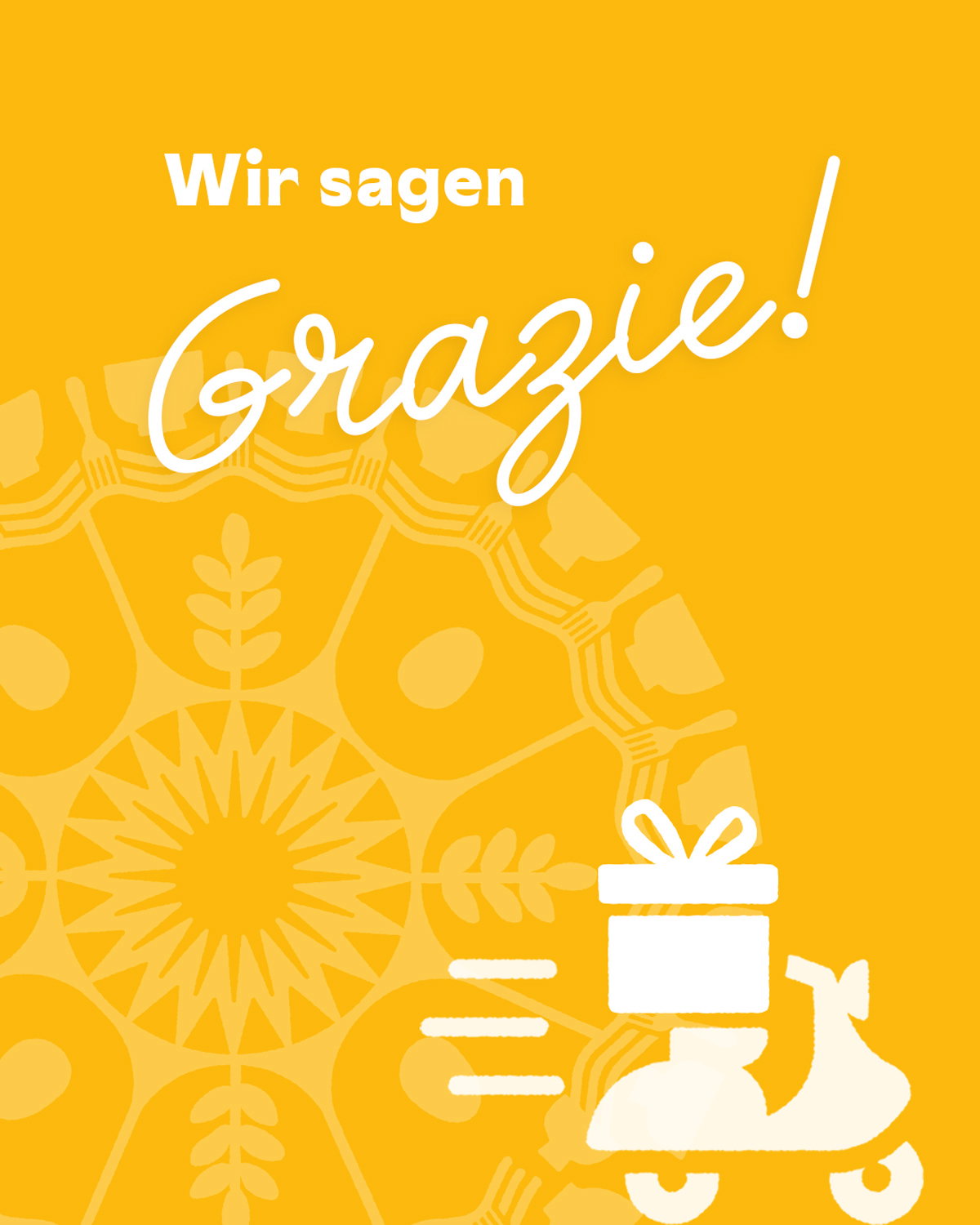 Teaser Grafik mit Vespa und Text "Wir sagen: Grazie"