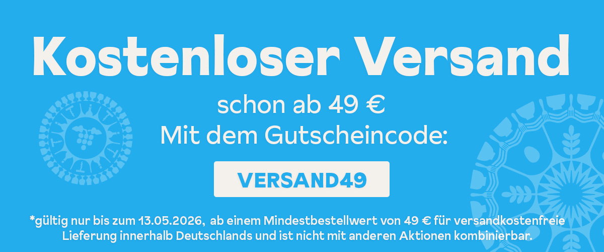 Banner mit blauem Hintergrund und der Aufschrift „Kostenloser Versand schon ab 49 €“, inklusive Gutscheincode „VERSAND49“ sowie dem Hinweis: „*gültig nur bis zum 13.05.2026, ab einem Mindestbestellwert von 49 € für versandkostenfreie Lieferung innerhalb Deutschlands und ist nicht mit anderen Aktionen kombinierbar.“