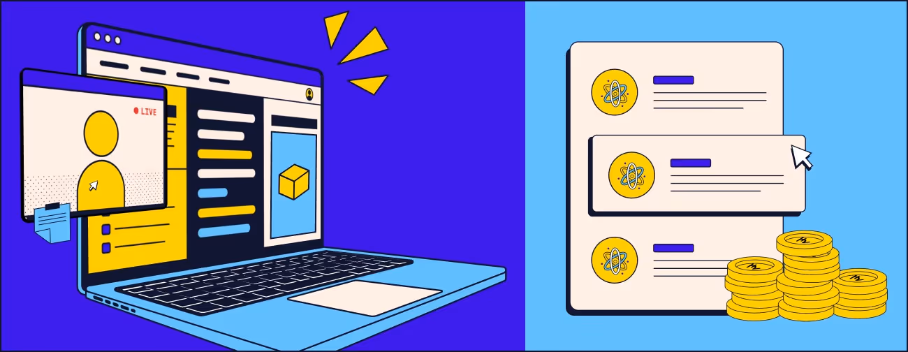 Live online learning illustration showing a laptop with a live instructor and course dashboard, next to a list of paid courses and coins