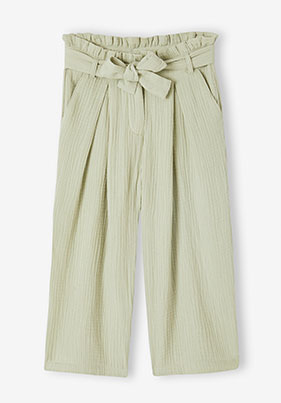 Cropped, Wide Leg Paperbag Trousers in Cotton Gauze for Girls - sage green
