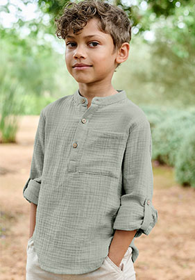 Cotton Gauze Shirt, Roll-Up Sleeves, for Boys - aqua green
