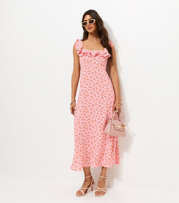 Light Pink Floral Ditsy Scoop Neck Ruffle Midi Dress