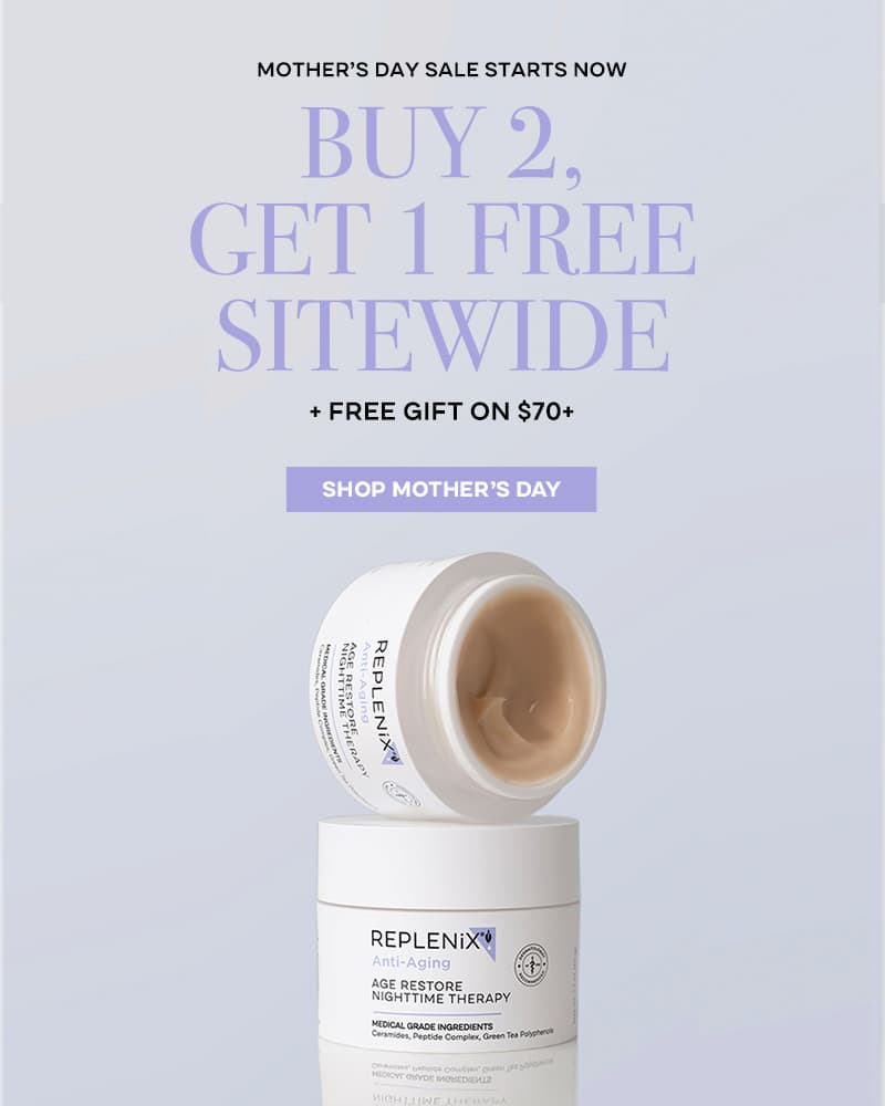 Replenix Mother’s Day skincare event featuring Buy 2, Get 1 Free sitewide plus a free Age Restore Nighttime Therapy Mini on orders $70+ with anti-aging skincare products on a soft lavender background.