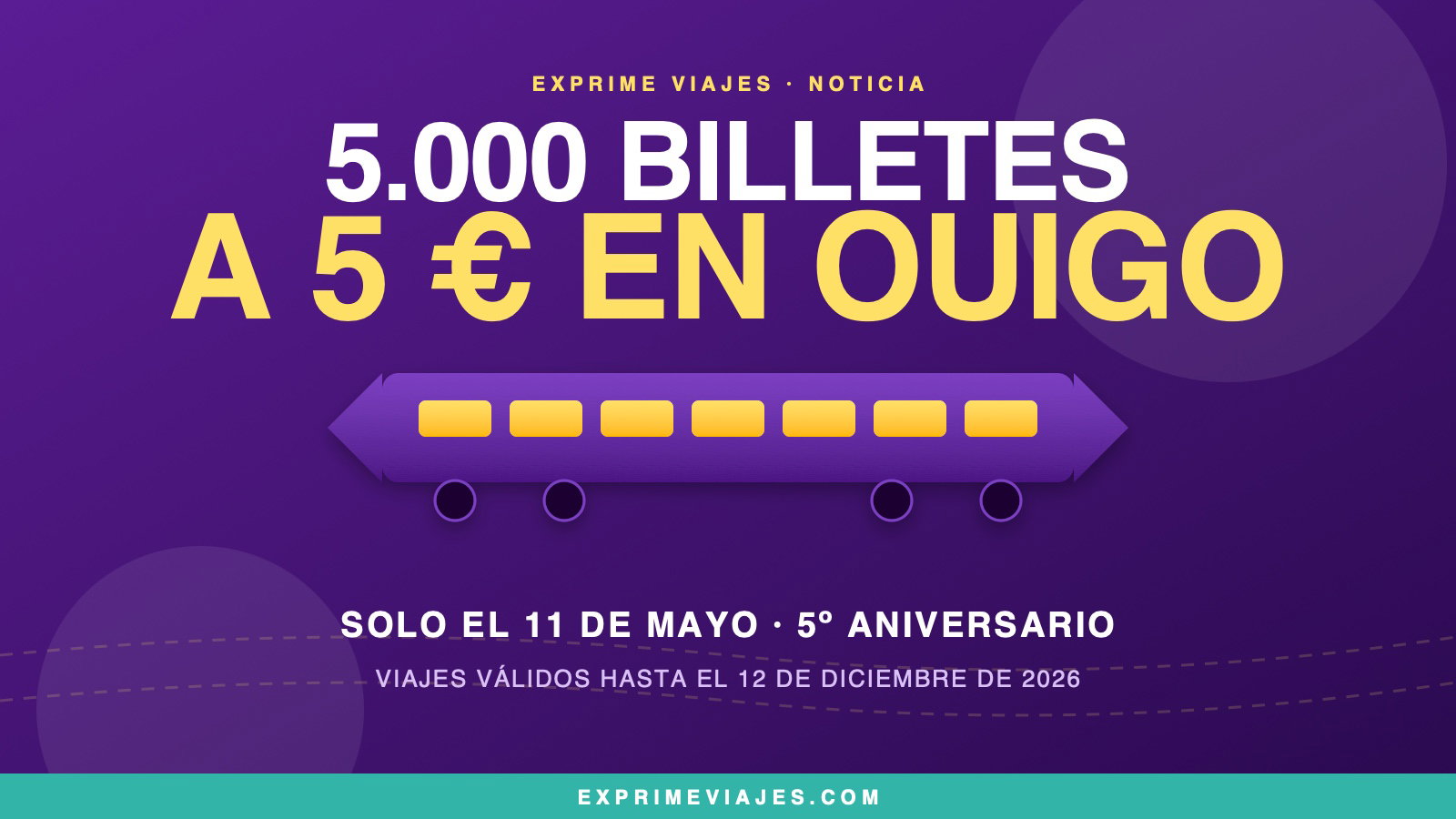 Ouigo cumple 5 años: 5.000 billetes a 5 € el 11 de mayo (cómo cazarlos)