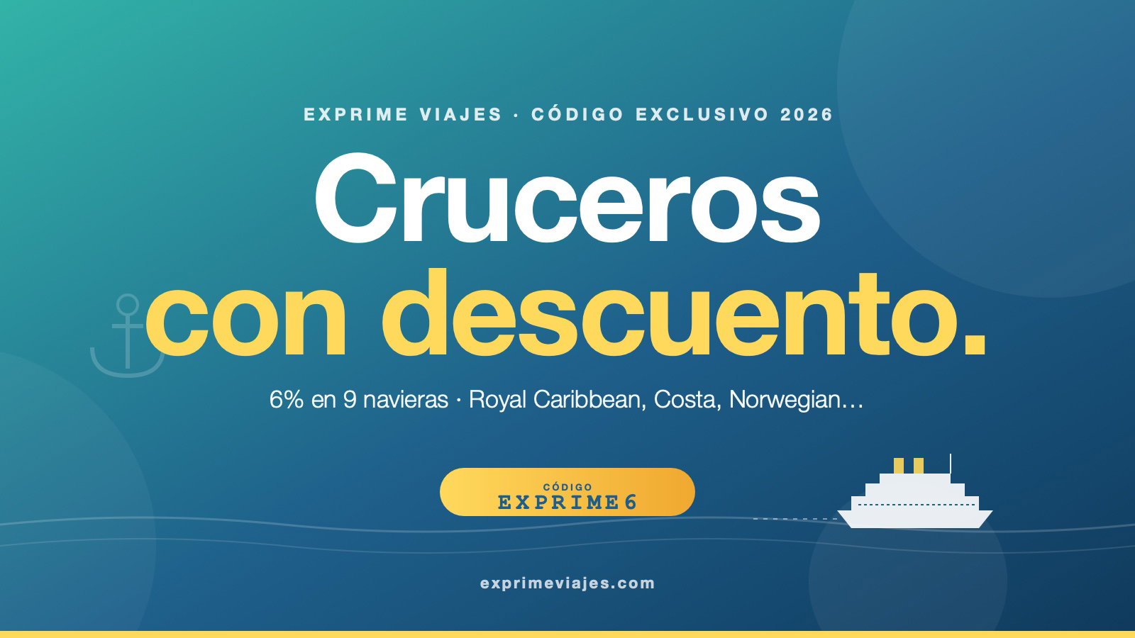 Descuento exclusivo cruceros 2026: 6% en Royal Caribbean, Costa, Norwegian y 6 navieras más