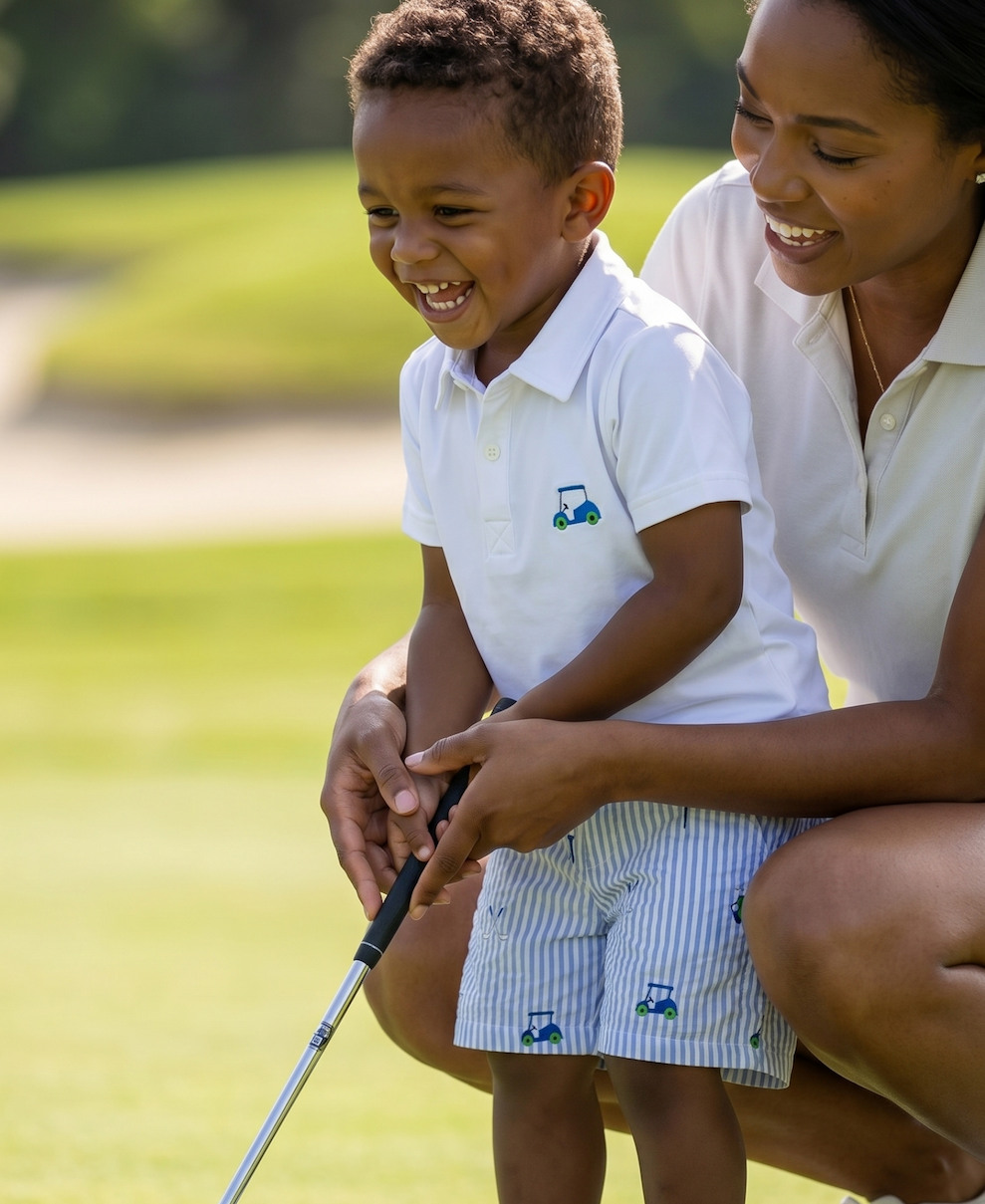 Golf Embroidered Blue Seersucker Shorts Set