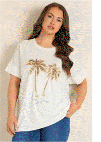 EVANS Curve White Sequin Embellished Palm Trees Graphic T-Shirt