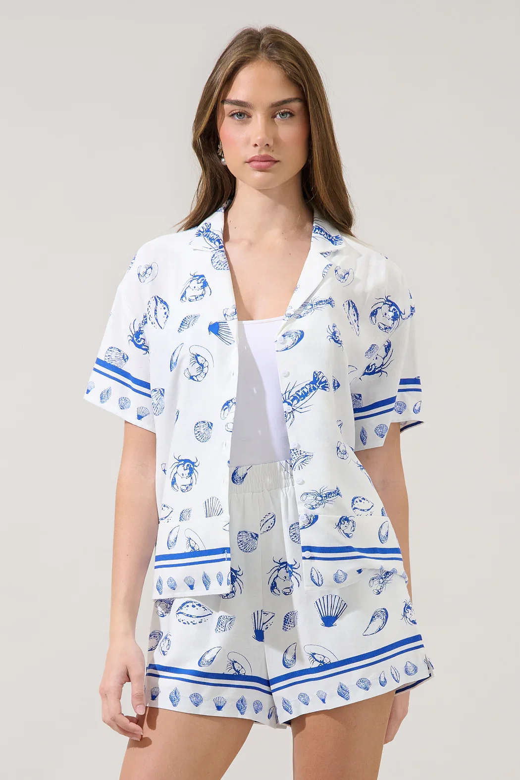 Image of Lilma Button Down Cropped Shirt Sea Tale