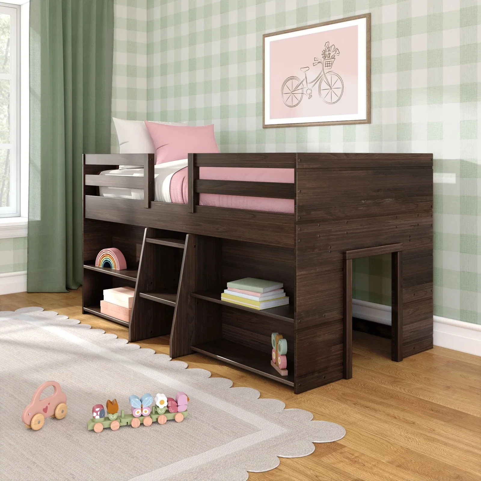 Image of Modern Farmhouse Twin Low Loft Bed With Bookcases