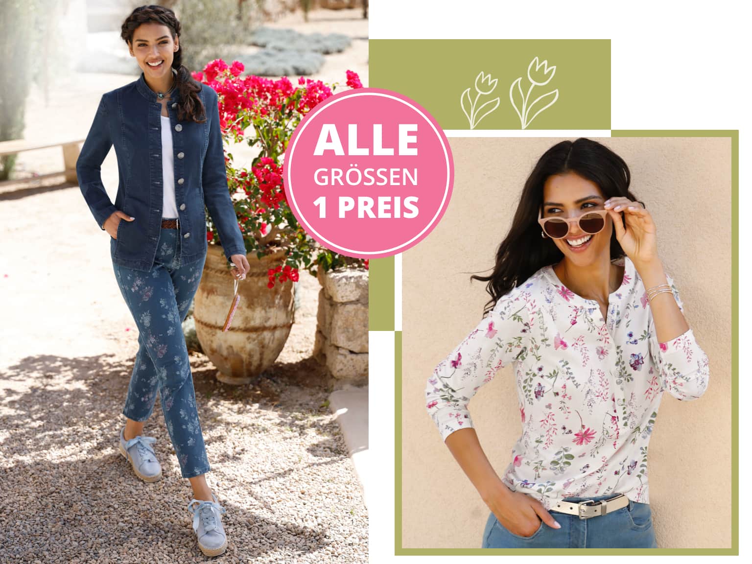 Ein Model trägt links eine blaue Jeans mit Blumendruck, weiße Sneakers und eine dunkelblaue Jacke, rechts ein weißes, floral gemustertes Oberteil mit blauen Jeans. Alle Größen ein Preis. Blumenprints. Bild oder Schaltfläche darunter anklicken, um in den Shop zu gelangen >