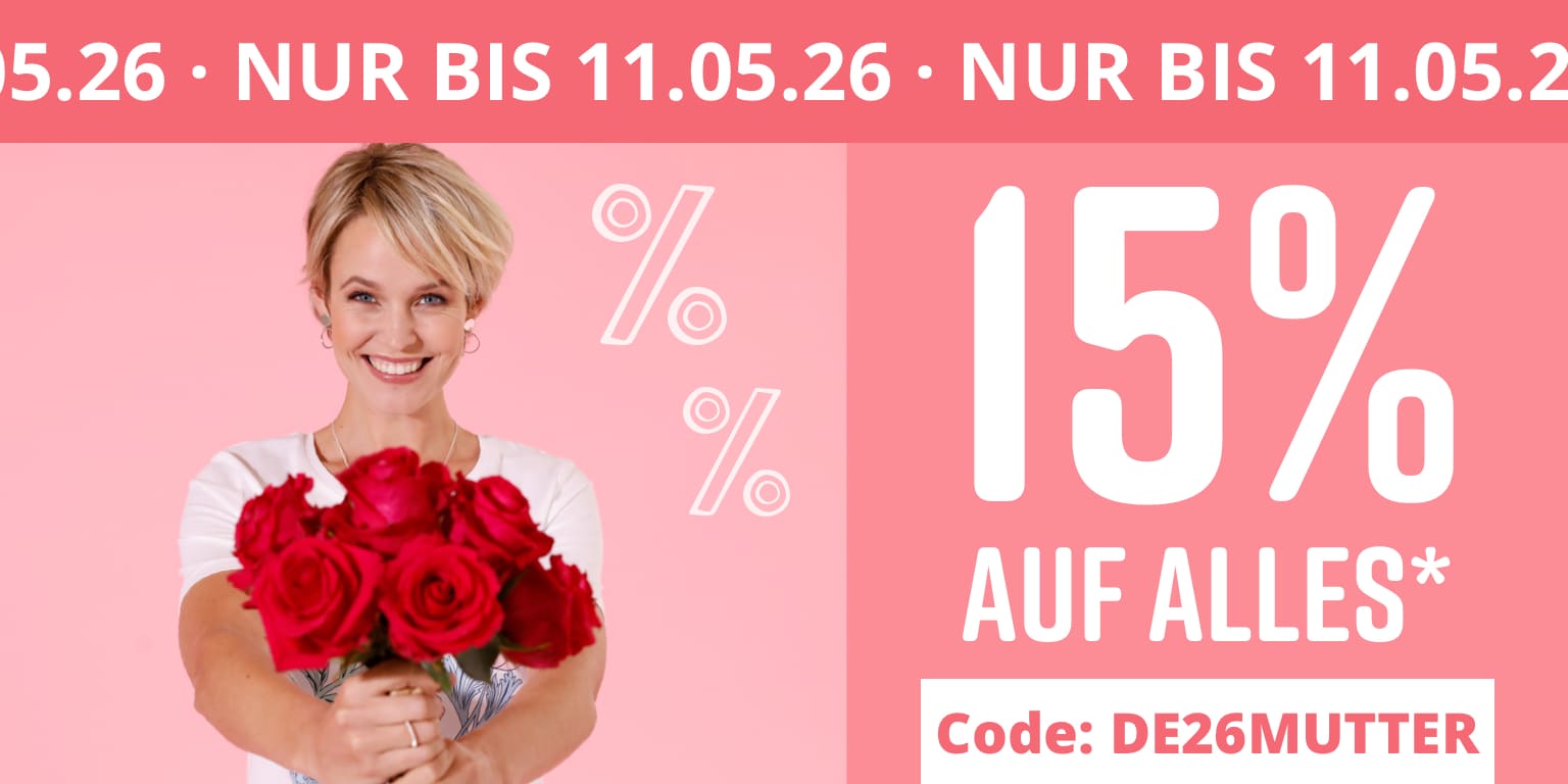 Ein Model hält einen Strauß roter Rosen vor einem rosa Hintergrund. 15% auf Alles* Muttertags-Bonus mit Code: DE26MUTTER. Aktion gültig bis 11.05.2026 und ab einem Mindestbestellwert in Höhe von 25,- €. Bitte beachten Sie die weiteren Einlösebedingungen im unteren Teil des Newsletters (*-Text). Bild oder Schaltfläche darunter anklicken, um in den Shop zu gelangen >