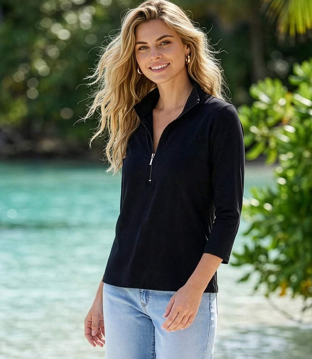 Image of 3/4 Sleeve Zip-Up Travel Jersey Top