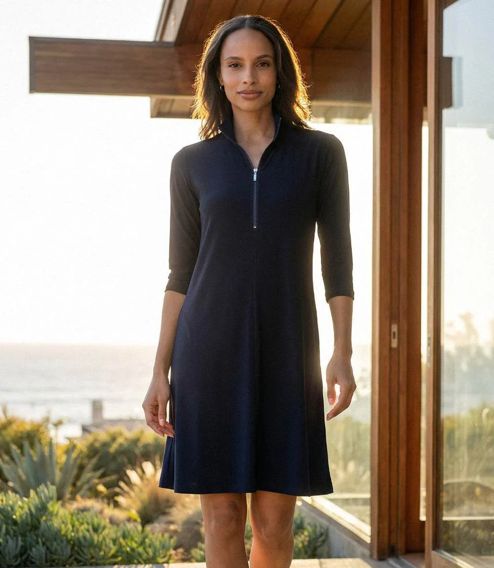 Image of 3/4 Sleeve Zip-Up Travel Jersey Dress
