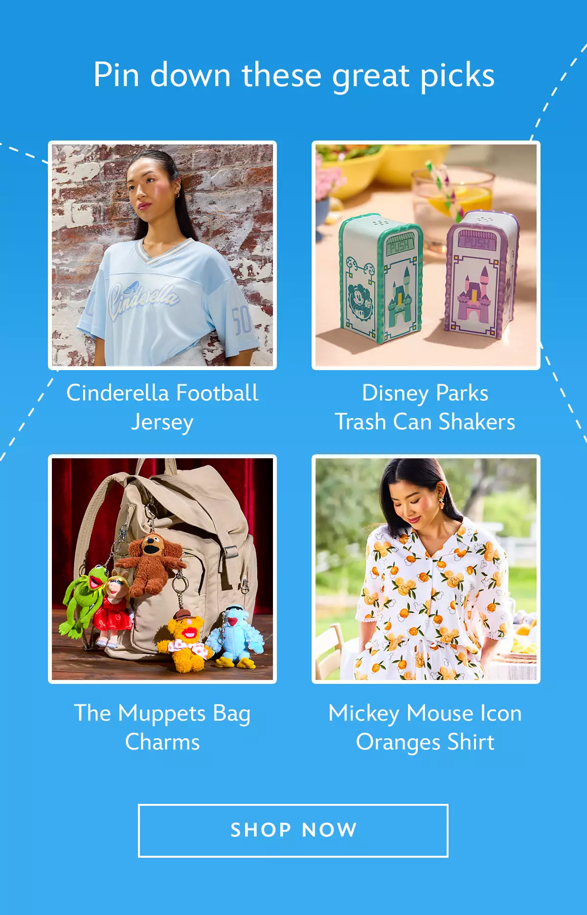 Pin down these great picks. Cinderella Football Jersey. Disney Parks Trash Can Shakers. The Muppets Bag Charms. Mickey Mouse Icon Oranges Shirt | Shop Now