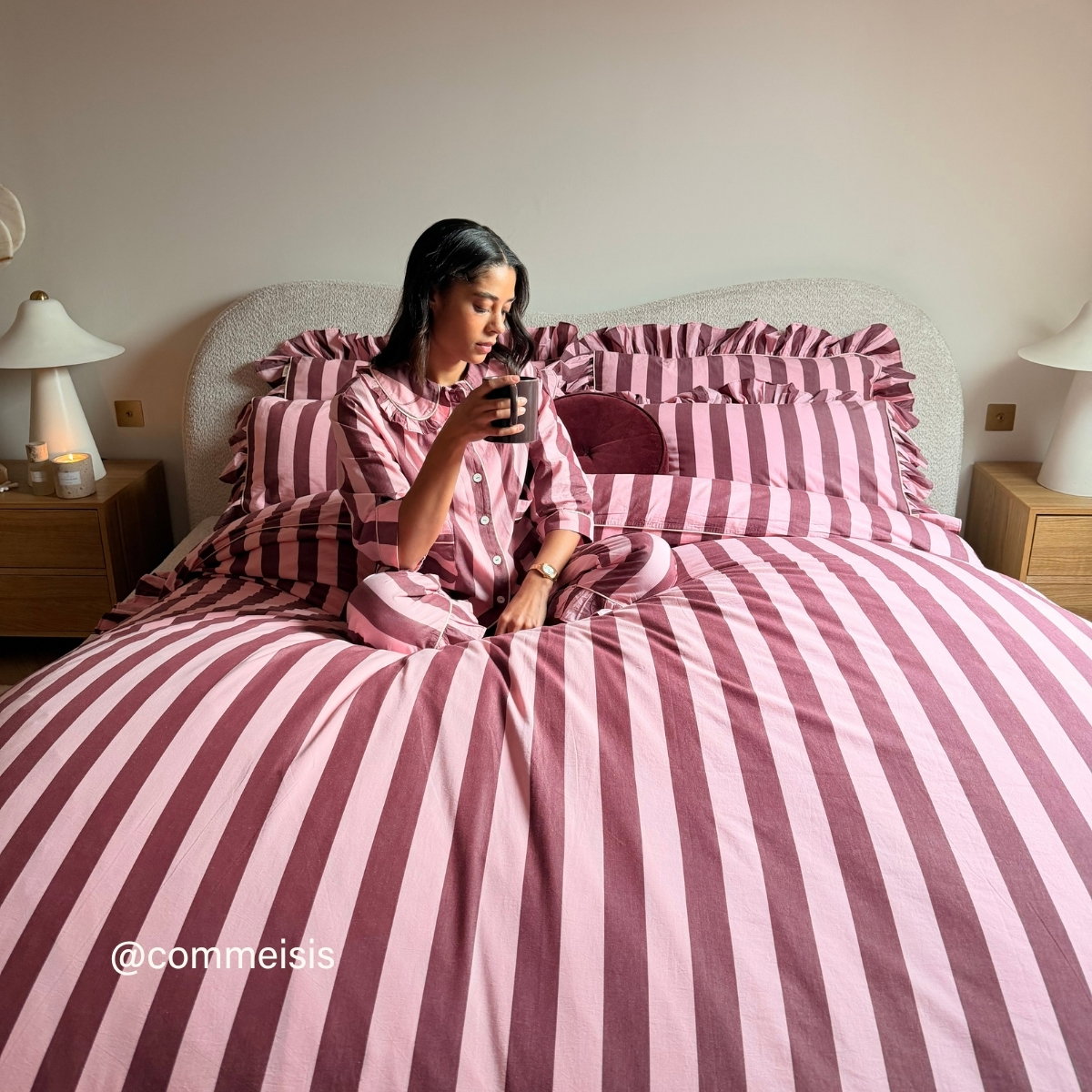Pink and burgundy stripe duvet set and pyjamas 