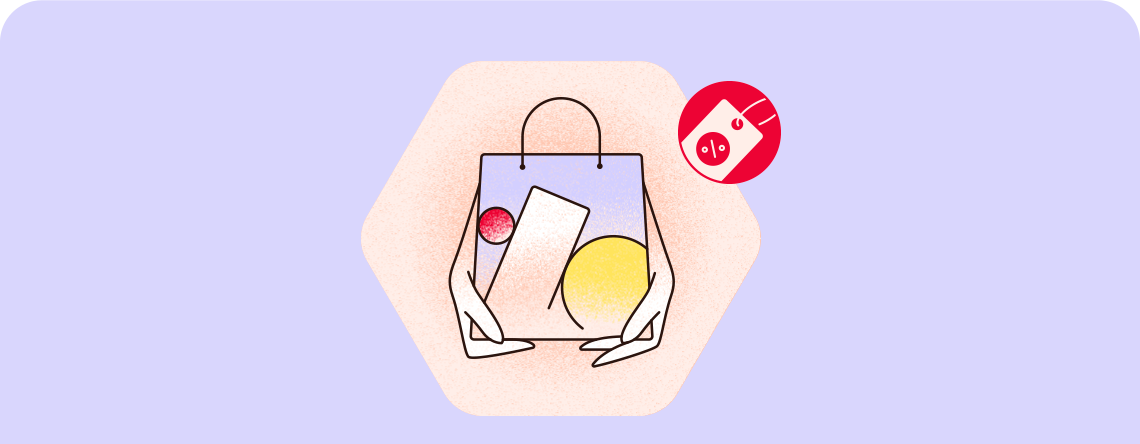 Illustration einer Einkaufstasche mit Produkten und Rabatt-Icon – Symbol für Einkaufen und Angebote.