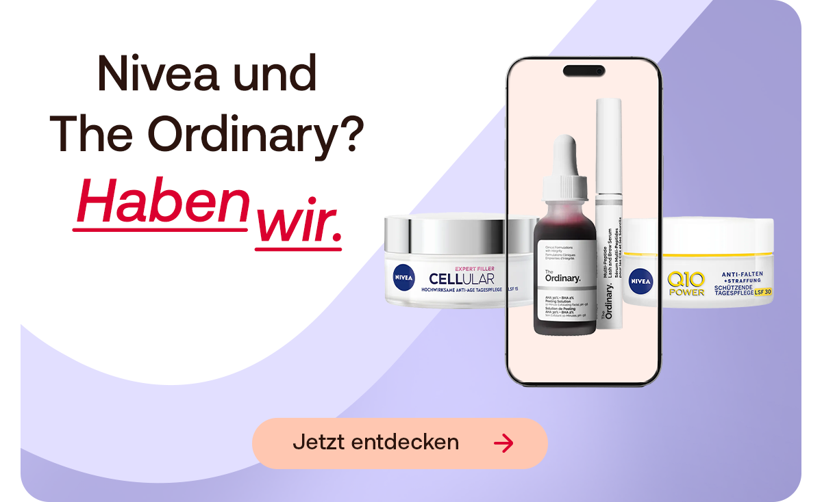 Werbegrafik mit Nivea‑ und The Ordinary‑Produkten neben einem Smartphone; Hinweis „Haben wir“ und Call‑to‑Action „Jetzt entdecken“.