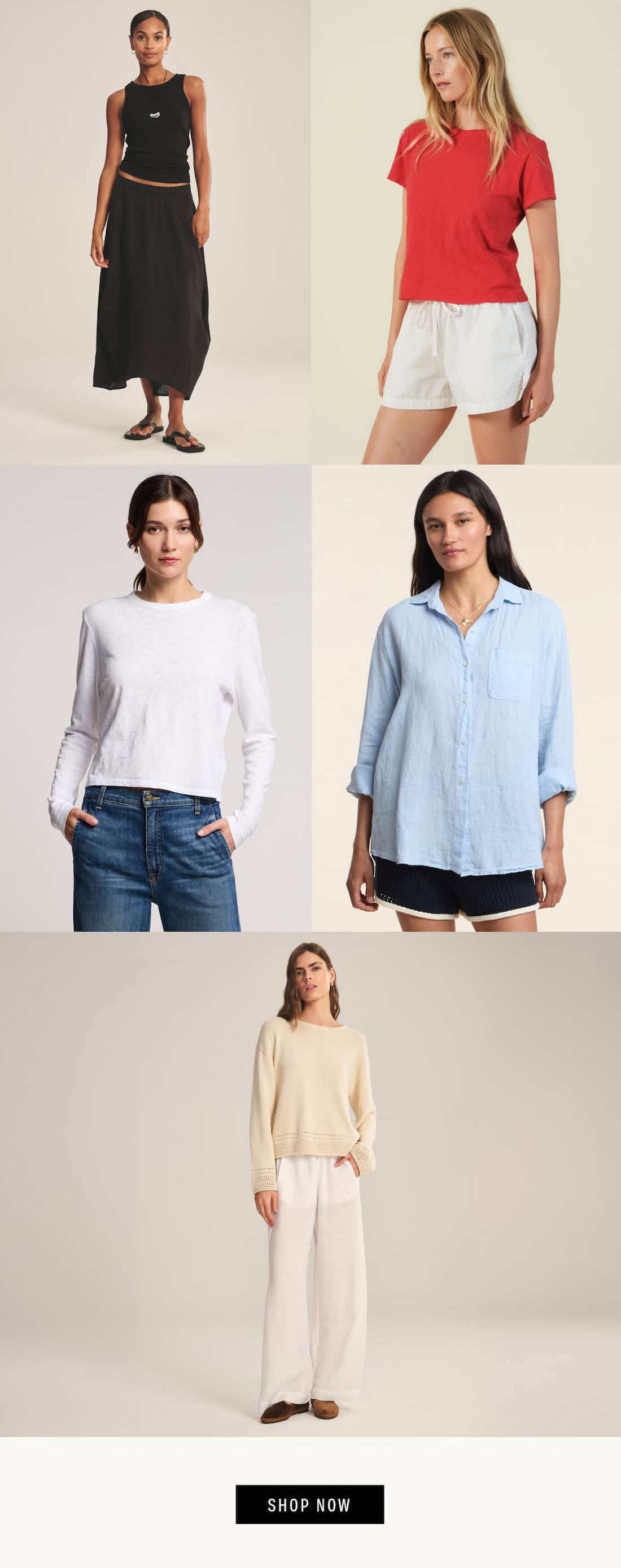 5 model images, wearing: Fae Skirt, Marika Tee, Megan Tee, Mulholland Shirt, and The Lola Pant. Shop Now.