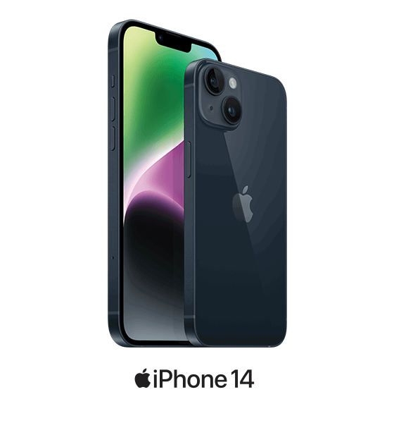 A black iPhone 14 against a white background.
