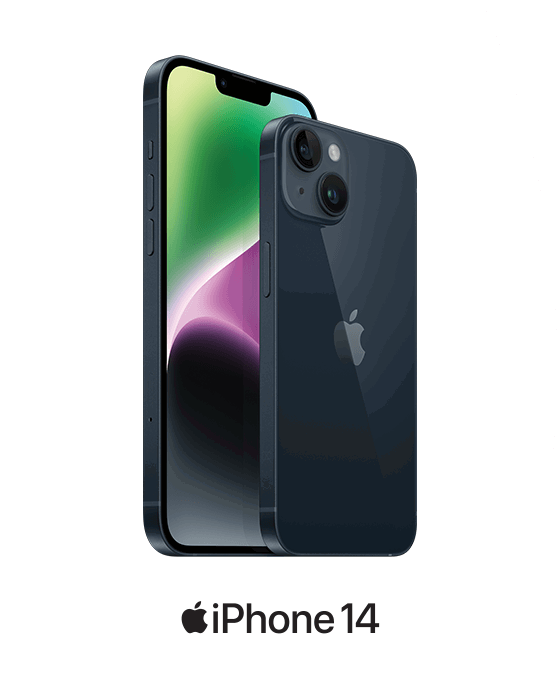 A black iPhone 14 against a white background.