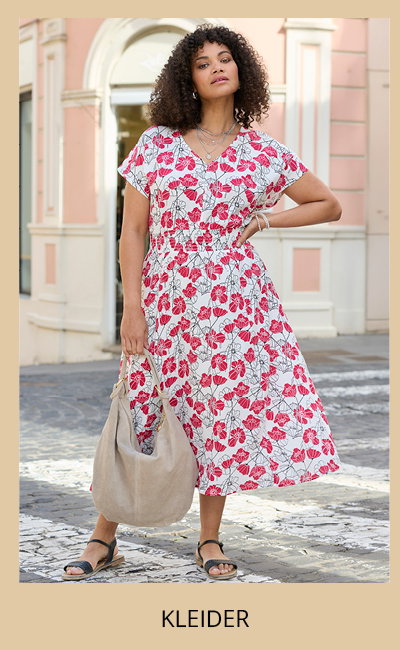Ein Model trägt ein ecru-gemusterts Kleid mit rotem floralem Print. Darunter folgender Text: Kleider