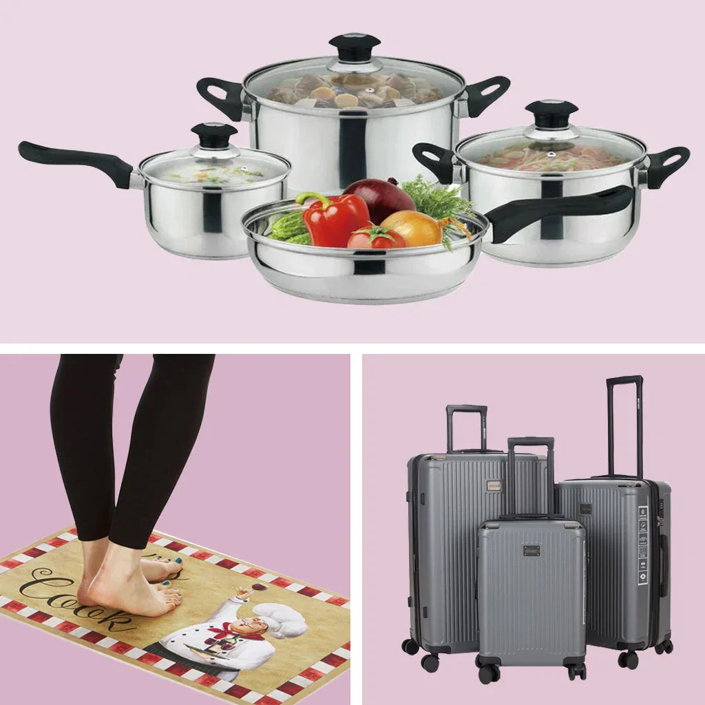 Newest From J&V Textiles collection featuring cookware set, kitchen mat, and luggage on pink background.