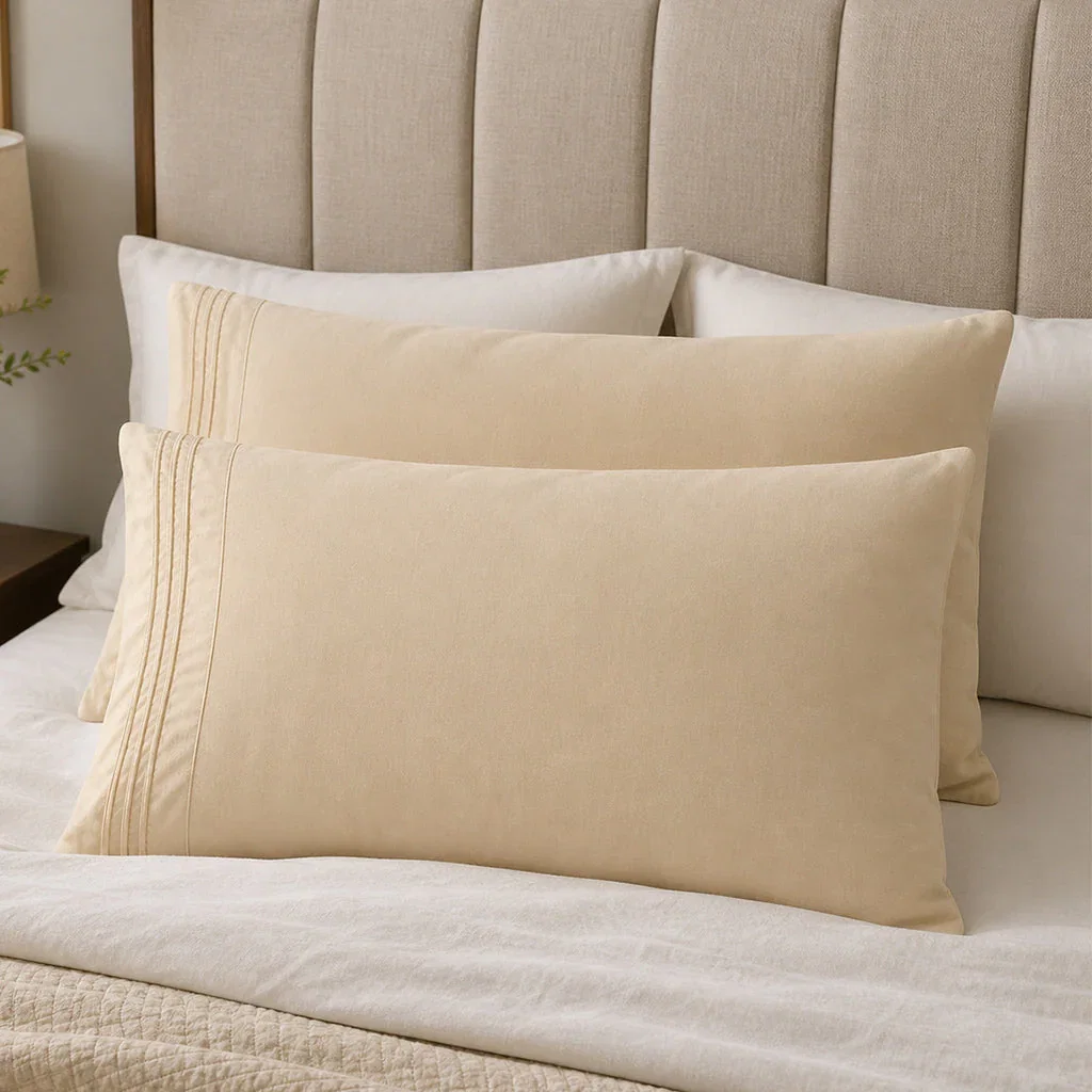Beige pillows with decorative trim on a made bed against an upholstered headboard