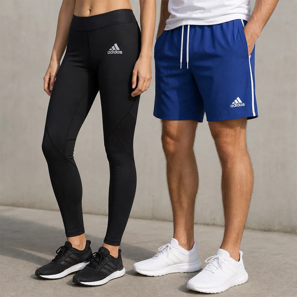 Two people modeling adidas bottoms: woman in black leggings, man in blue shorts with white stripes, both wearing white sneakers.
