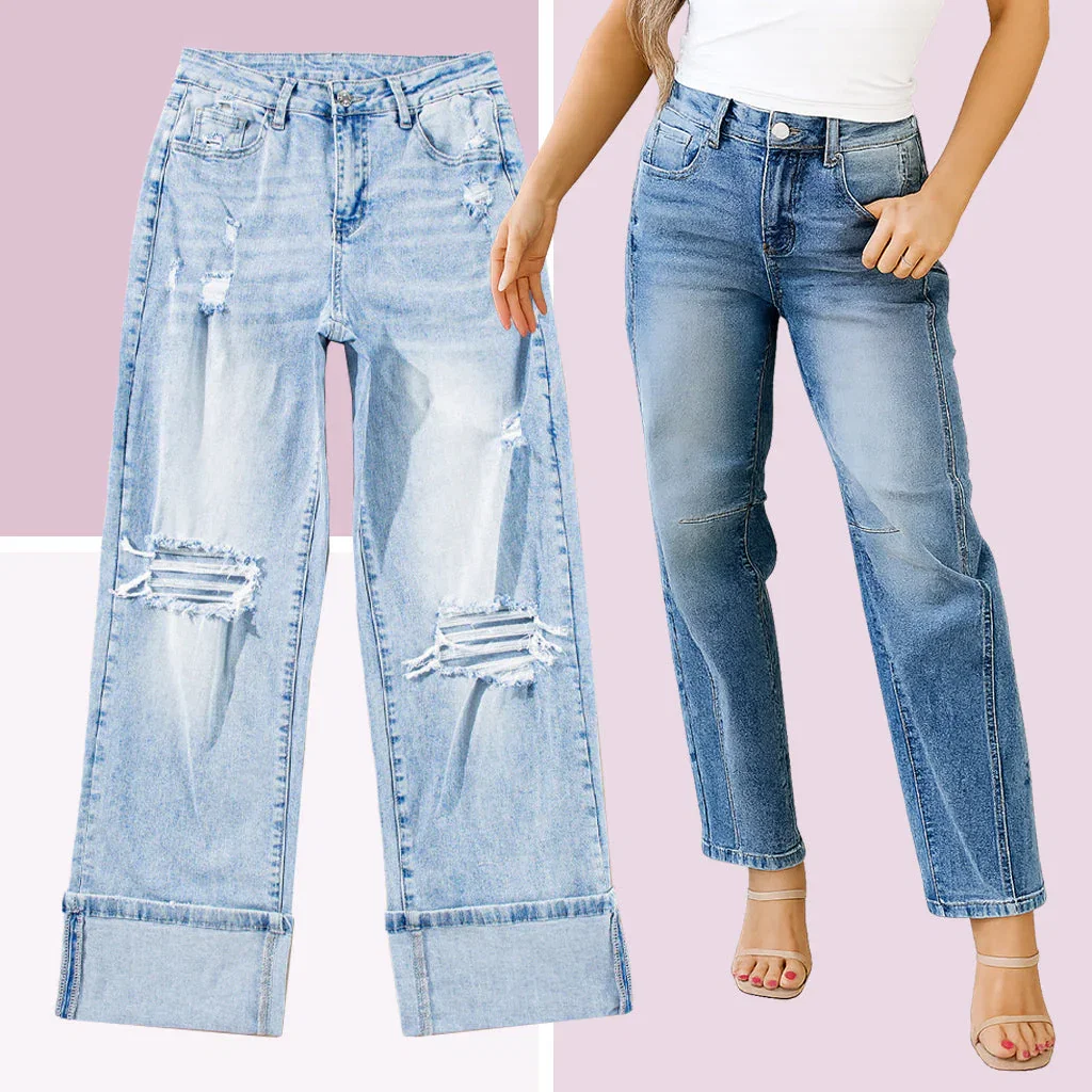 Two women modeling distressed and classic blue jeans styles against a pink background.