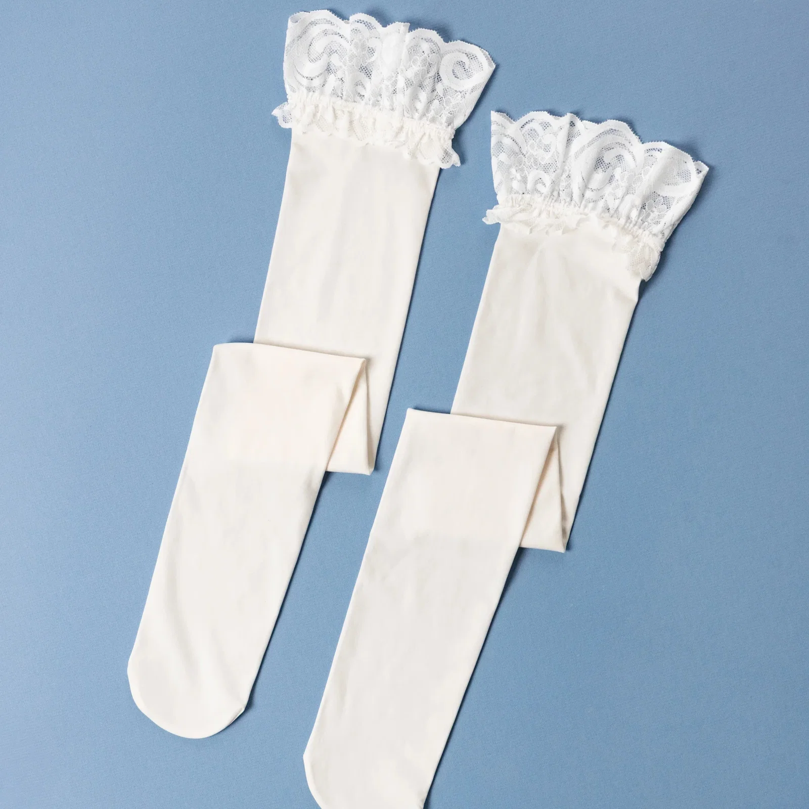 Image of Lacy Thigh High Stockings - Pearl
